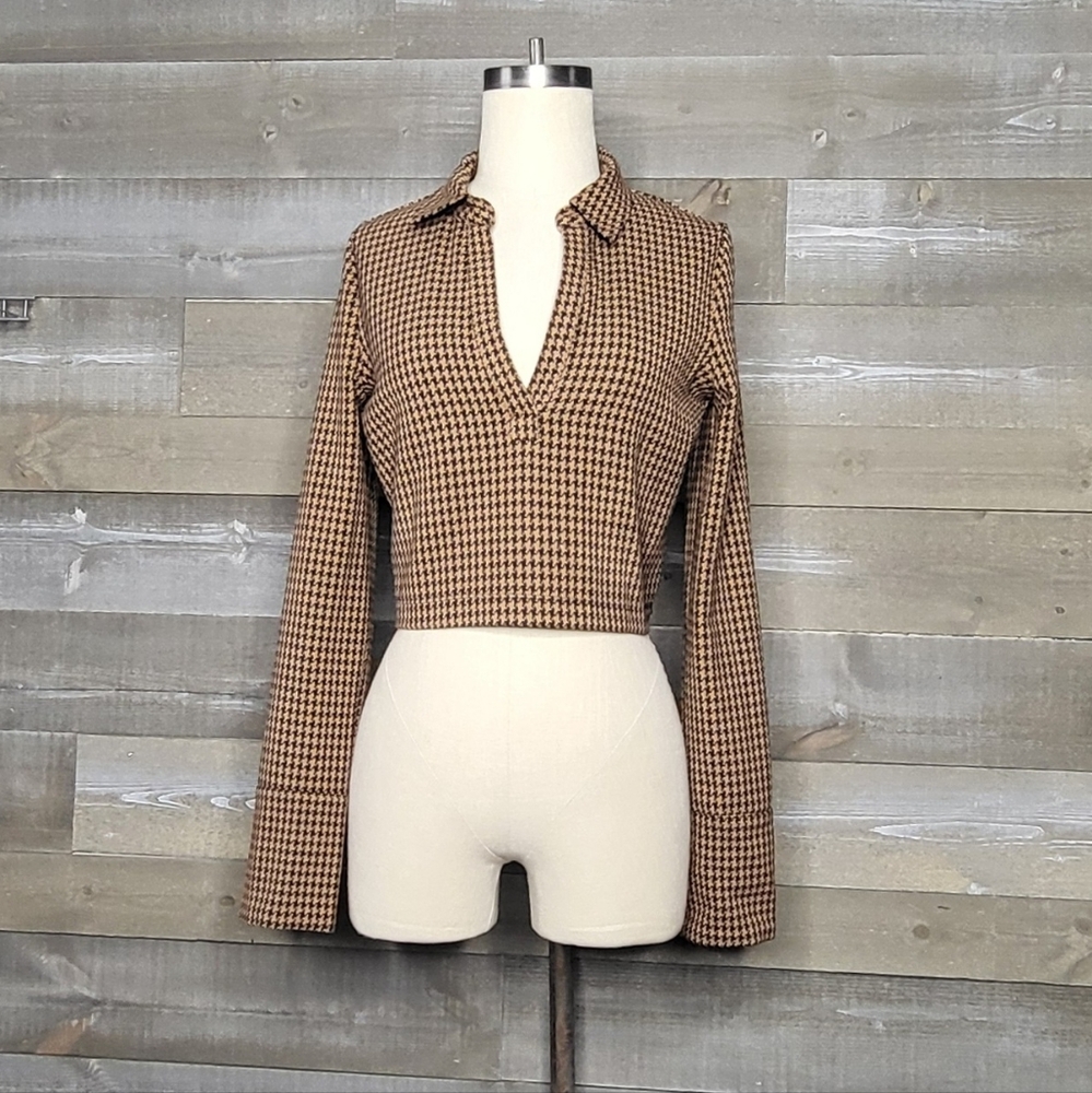 Zara Brown Black Structured Houndstooth Pullover V-Neck Crop Top